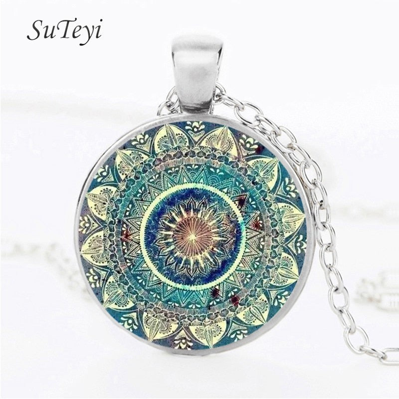 Vintage Glass Dome Necklace Buddhism Chakra Glass Cabochon Pendant Jewelry Om India Yoga Mandala Necklaces