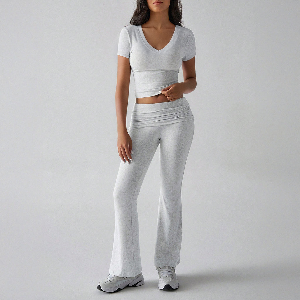 Solid color short sleeved T-shirt yoga long pants set for women