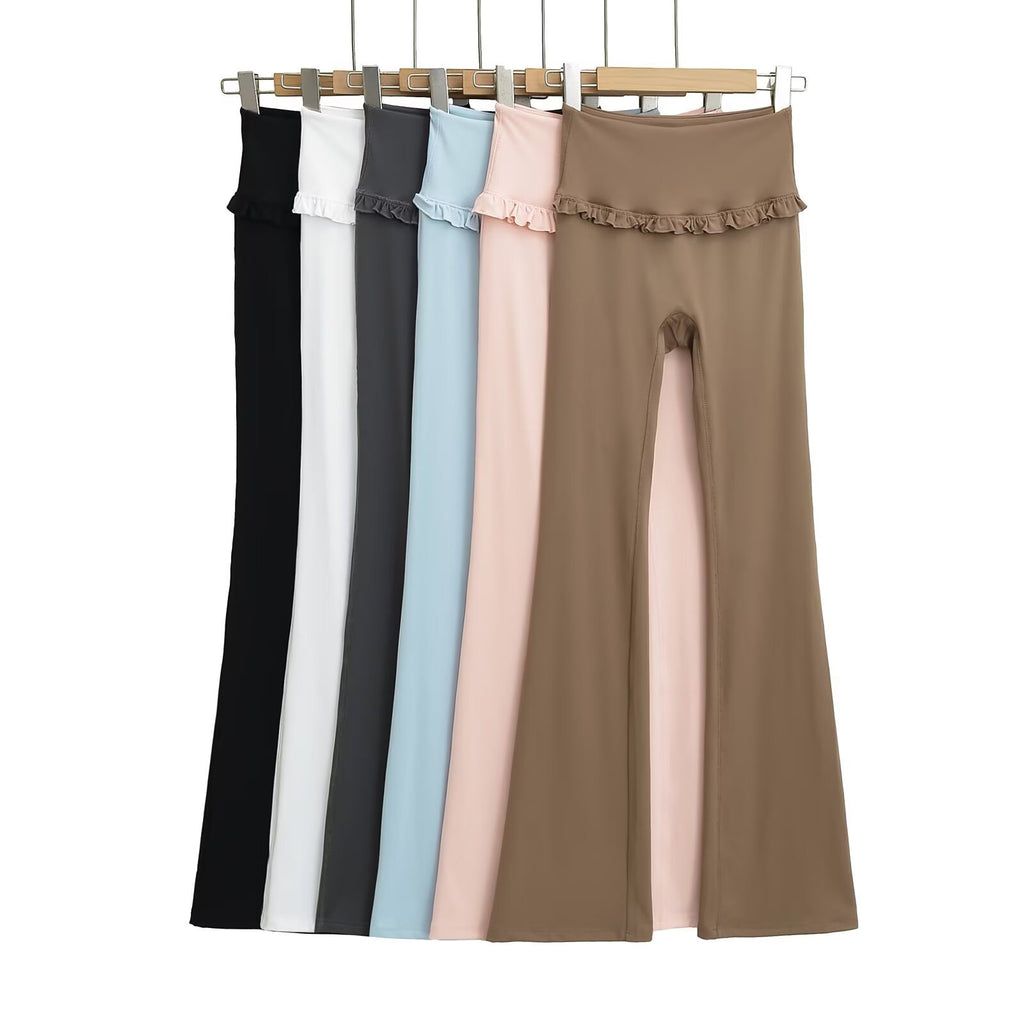 Elastic Waist Yoga Pants with Lace Trim and Flared Leg
