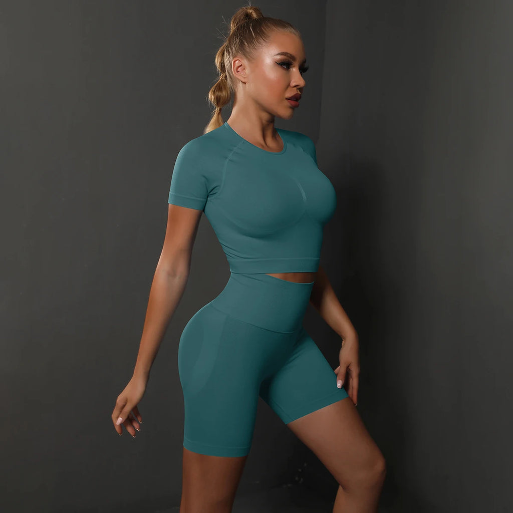 Peach buttocks solid color high elasticity yoga short sleeved shorts set fitness two-piece set
